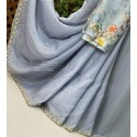 Chiffon saree with pearl work and floral blouse(Grey colour)