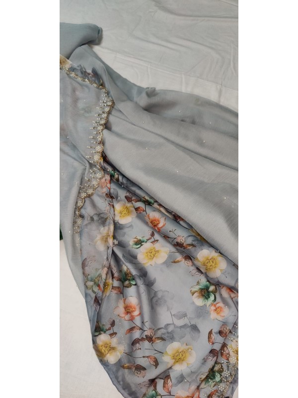 Chiffon saree with pearl work and floral blouse(Grey colour)