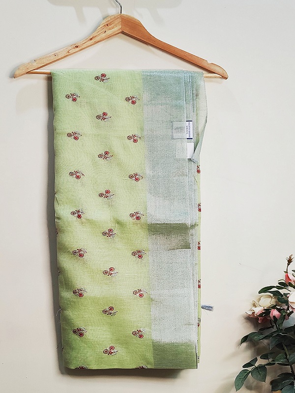 Tissue Kota saree with silver border ( green saree )