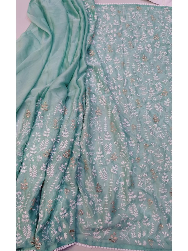 Chiffon saree with allover thread work(green)