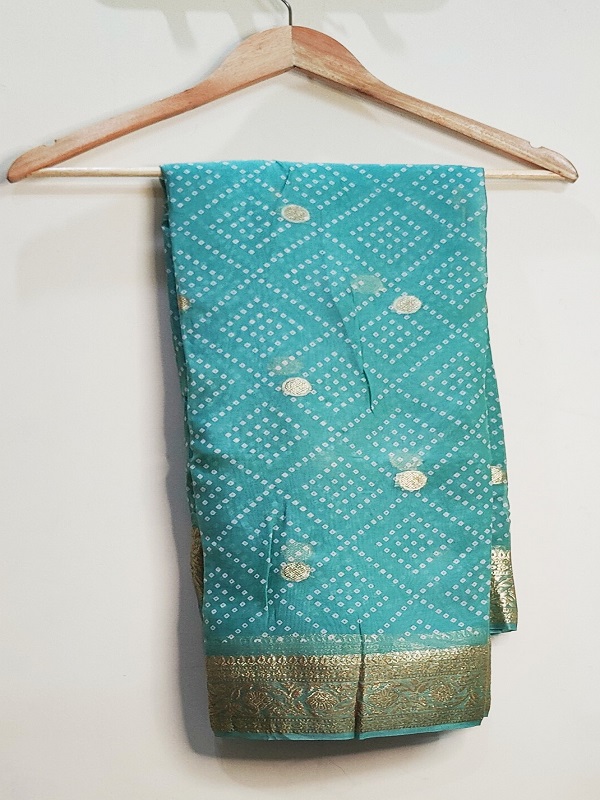 Soft organza sarees with Bandhini print and dollar butti   Rolex zari border ( Green )