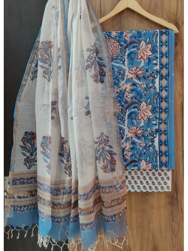 Pure cotton unstitched set with kota dupatta (blue)