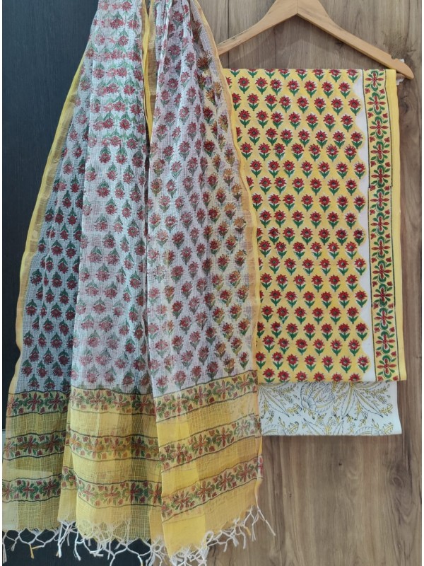 Pure cotton unstitched set with kota dupatta ( yellow)