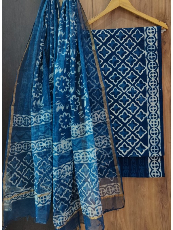 Pure cotton unstitched set with kota dupatta (indigo) 