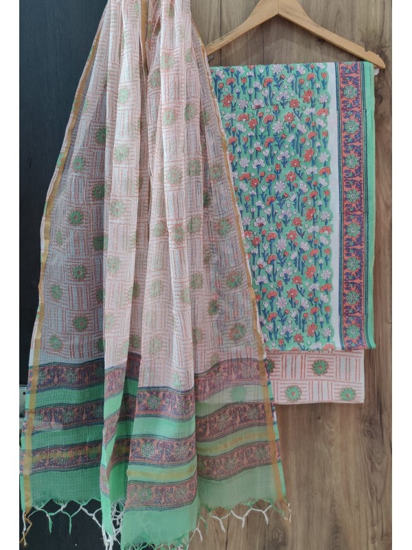 Pure cotton unstitched set with kota dupatta (green)