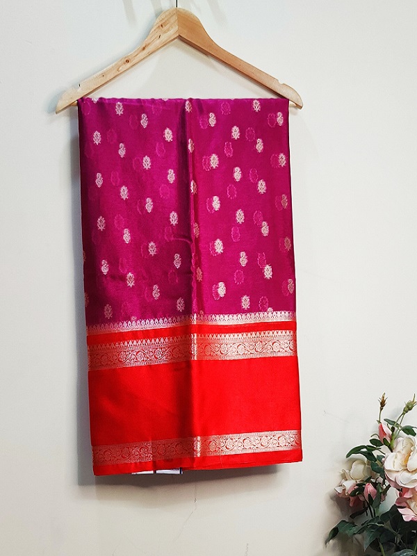 Benarasi fancy sarees with all over buttis and gadwal style gap border ( Pink & Red )