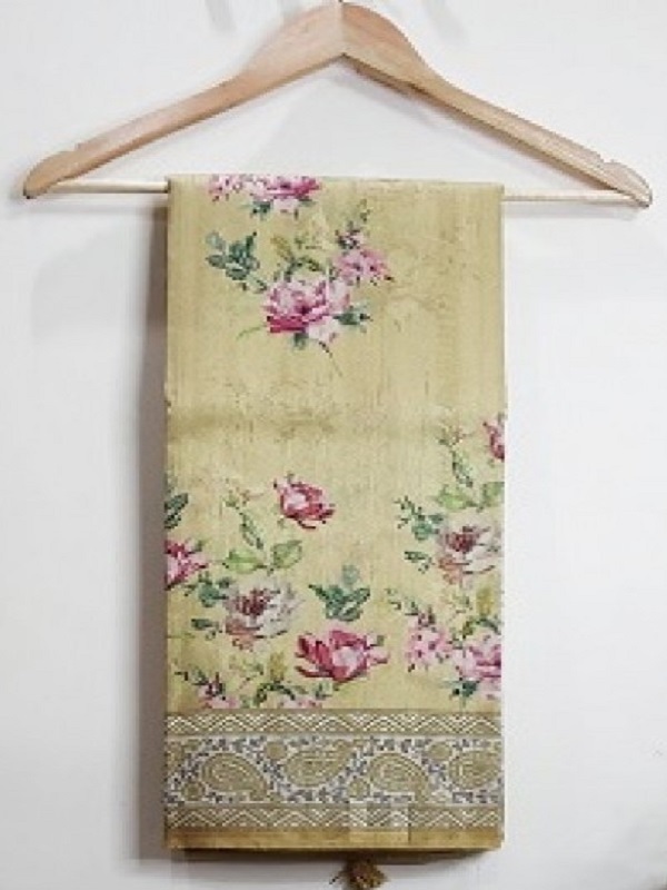 Semi Tussar Saree With Floral Prints ( Cream Colour )