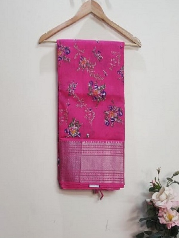 Mangalagiri Pattu Saree with digital print (Pink)